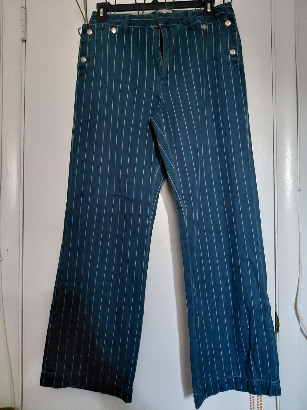 Wide Leg Pinstripe Jeans - Navy Blue Size 10